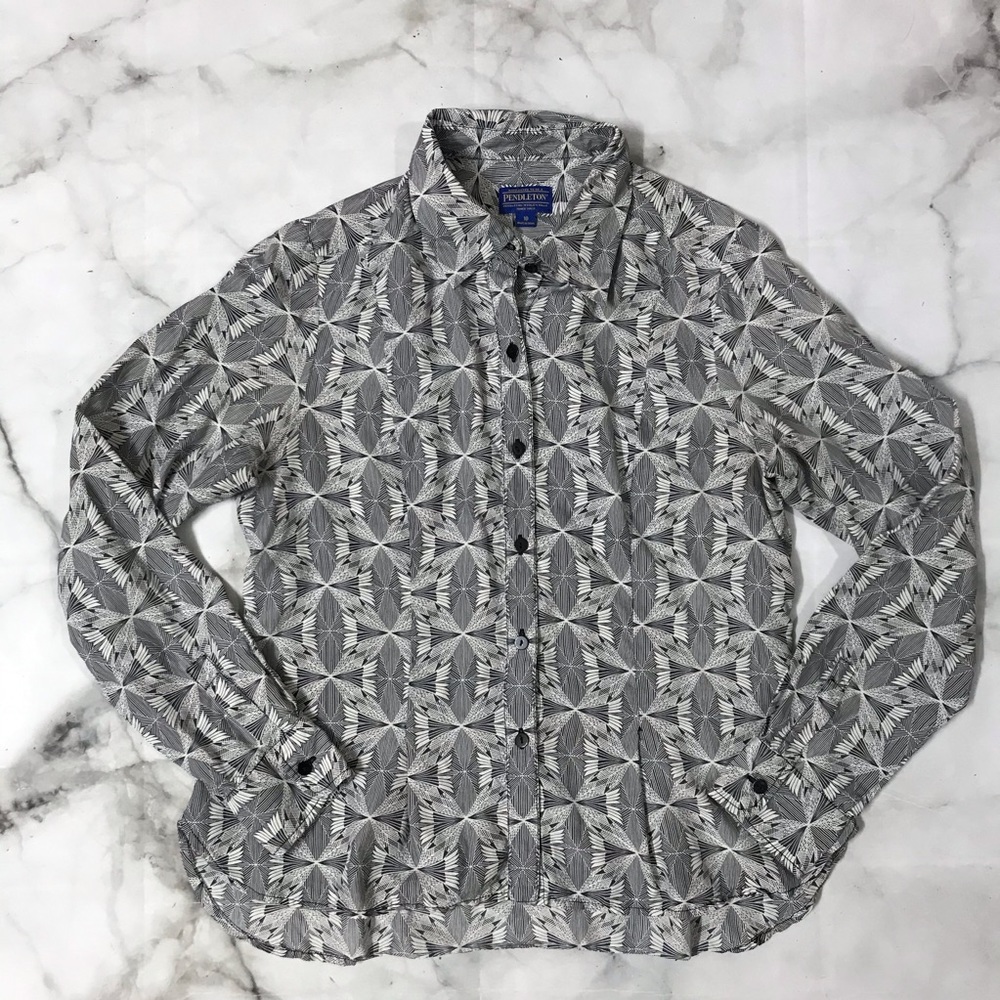 Pendleton 100% Silk Black & White Button Down Top